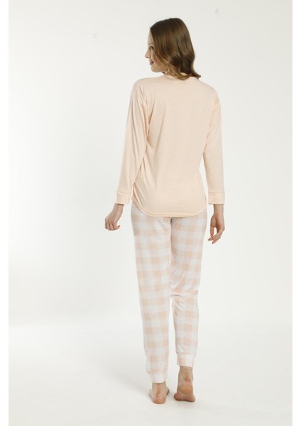 22137 Kadın Kare Desenli Uzun Kollu Viskon Pijama Takımı
