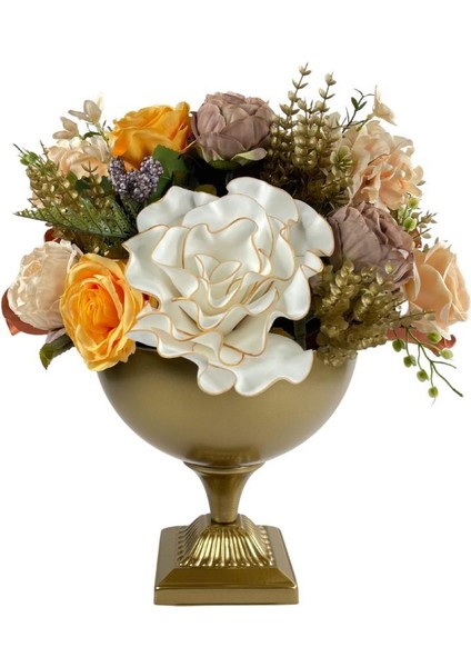 Yapay Çiçek ve Latex Aranjmanı Metal Eski Gold Vazolu Masa Üstü Çiçeği Arajman 98061