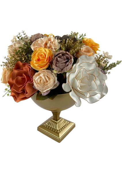 Yapay Çiçek ve Latex Aranjmanı Metal Eski Gold Vazolu Masa Üstü Çiçeği Arajman 98061 fiyatları