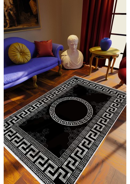Salon Halısı Klasik Siyah Gri Kaydırmaz Kesme Yıkanabilir Ince Halı Tüysüz Kilim