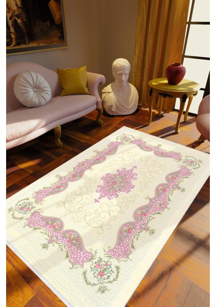Salon Halısı Figürlü Çiçekli Pembe Ekru Mor Kaydırmaz Kesme Yıkanabilir Ince Halı Tüysüz Kilim