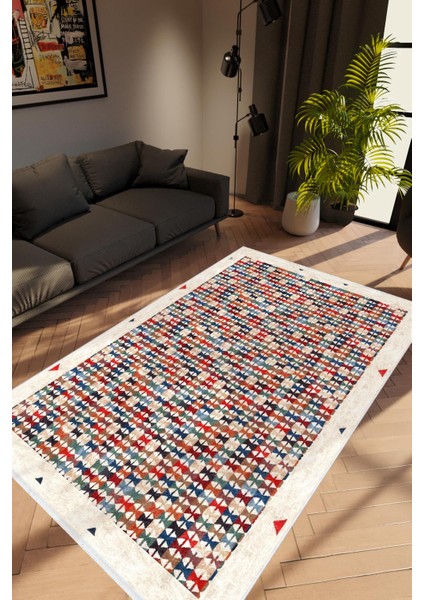 Modern Retro Bordo Kaydırmaz Kesme Yıkanabilir Ince Halı