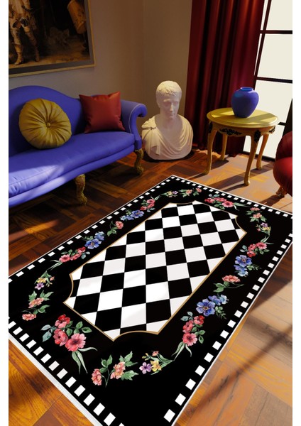 Salon Halısı Figürlü Çiçekli Siyah Kaydırmaz Kesme Yıkanabilir Ince Halı Tüysüz Kilim