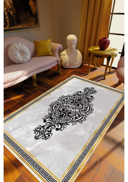 Salon Halısı Klasik Eskitme Gümüş Gri Siyah Metalik Kaydırmaz Yıkanabilir Ince Halı Tüysüz Kilim