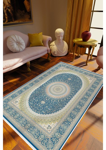 Salon Halısı Eskitme Lacivert Mavi Bej Kaydırmaz Kesme Yıkanabilir Ince Halı Tüysüz Kilim