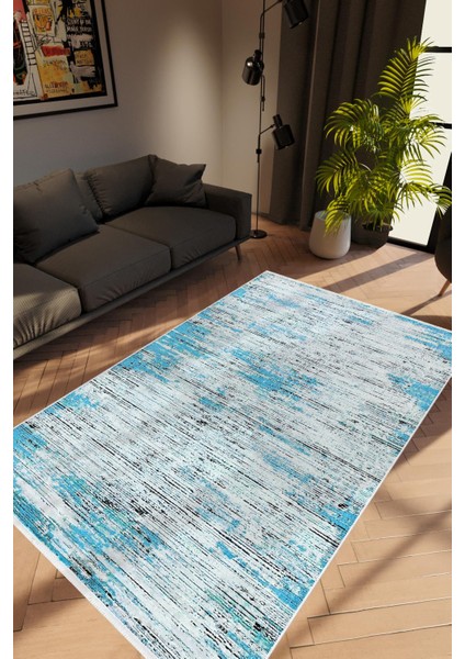 Modern Eskitme Mavi Gri Kaydırmaz Kesme Yıkanabilir Ince Halı