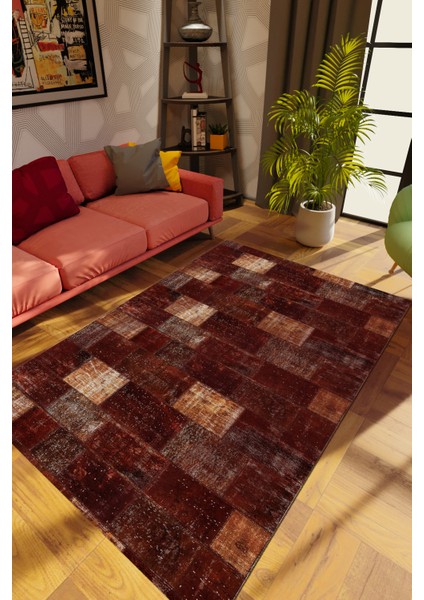 Modern Patchwork Kahverengi Dijital Baskı Halı Kaydırmaz Ince Yıkanabilir
