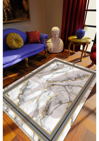 Klasik Gri Dijital Baskı Halı Kaydırmaz Ince Yıkanabilir