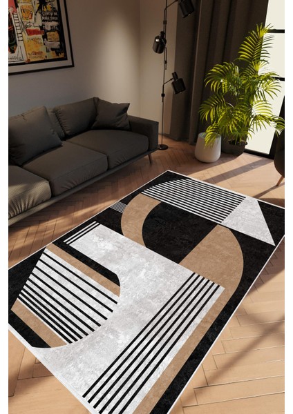 Modern Geometrik Kahverengi Siyah Kaydırmaz Kesme Yıkanabilir Ince Halı