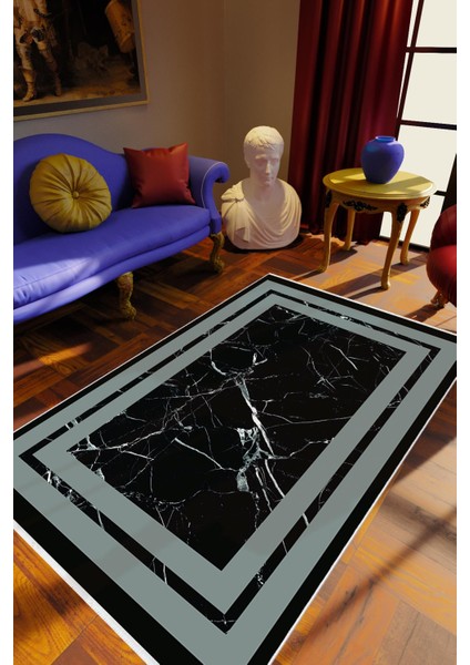 Eskitme Modern Çerçeve Desenli Mermer Siyah Gri Kaydırmaz Kesme Yıkanabilir Ince Halı