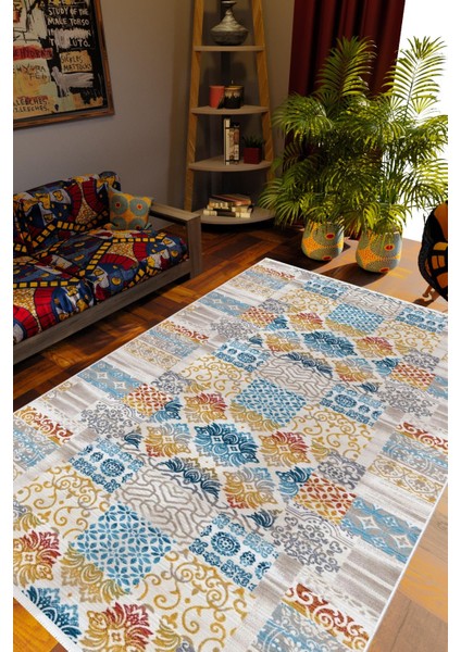 Otantik Eskitme Patchwork Mavi Gri Kahverengi Kaydırmaz Kesme Yıkanabilir Ince Halı