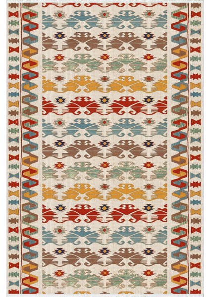 Kilim Desenli Otantik Eskitme Turuncu Kaydırmaz Kesme Yıkanabilir Ince Halı