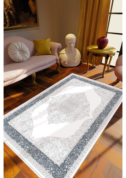 Klasik Gri Beyaz Kaydırmaz Kesme Yıkanabilir Ince Halı