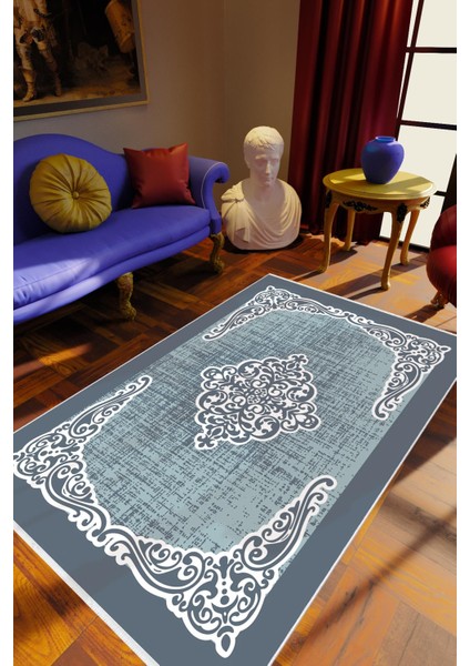 Klasik Gri Mavi Kaydırmaz Kesme Yıkanabilir Ince Halı
