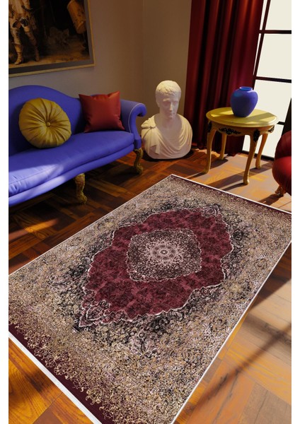 Salon Halısı Eskitme Kahverengi Bordo Kaydırmaz Kesme Yıkanabilir Ince Halı Tüysüz Kilim