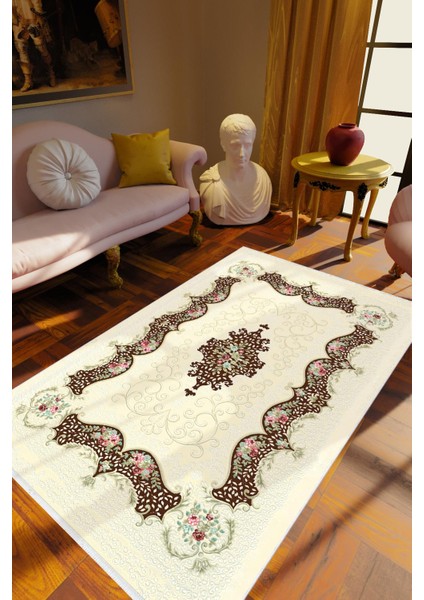 Figürlü Çiçekli Ekru Krem Kahverengi Kaydırmaz Kesme Yıkanabilir Ince Halı