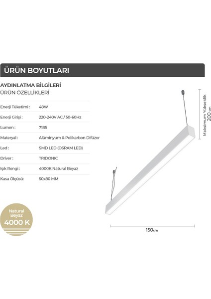 150 cm Linear ( Lineer ) LED Sarkıt Armatür Avize Aydınlatma 4000K