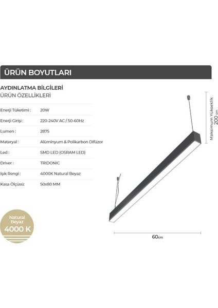 60 cm Linear ( Lineer ) LED Sarkıt Armatür Avize Aydınlatma 4000K