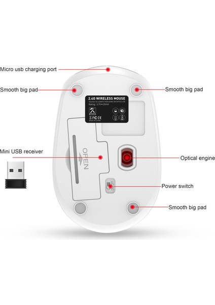 M107 4-Buttons 1600 Dpı 2.4ghz Şarj Edilebilir Fare Beyaz (Yurt Dışından)
