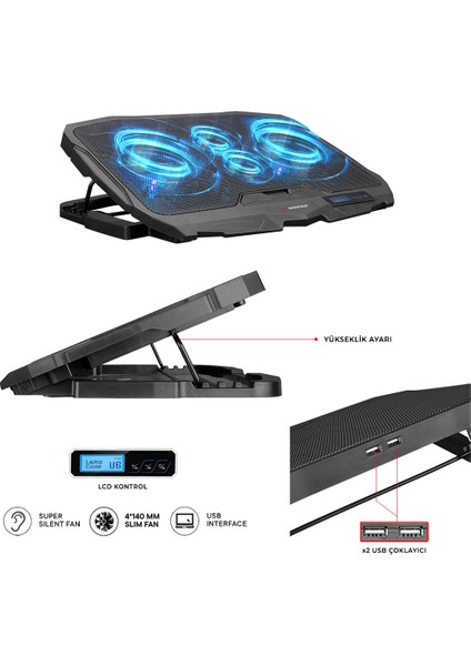 AD-RC4 Mavi Ledli 4 Adet Fanlı Işıklı Kontrol Panelli Pro Notebook Laptop Soğutucu Stand