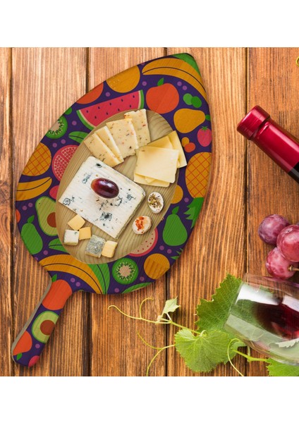 Gift Meyveler Tasarımlı Yaprak Şeklinde Doğal Ahşap Servis ve Sunum Tabağı Model 1