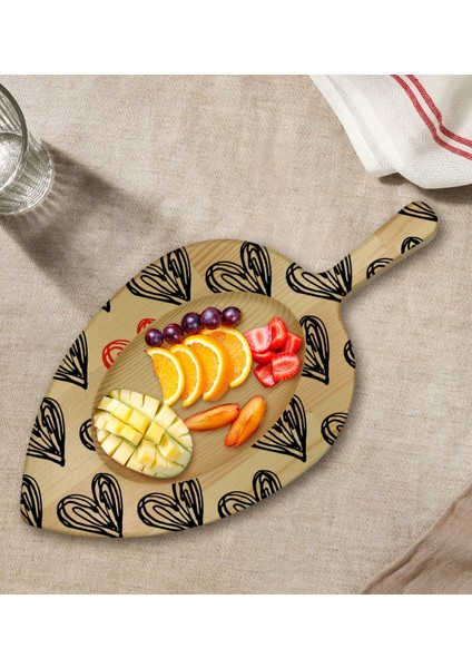 Gift Kalpler Tasarımlı Yaprak Şeklinde Doğal Ahşap Servis ve Sunum Tabağı Model 1