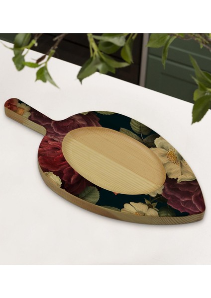 Gift Çiçekler Tasarımlı Yaprak Şeklinde Doğal Ahşap Servis ve Sunum Tabağı Model 6