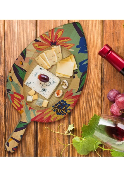 Gift Çiçekler Tasarımlı Yaprak Şeklinde Doğal Ahşap Servis ve Sunum Tabağı Model 1