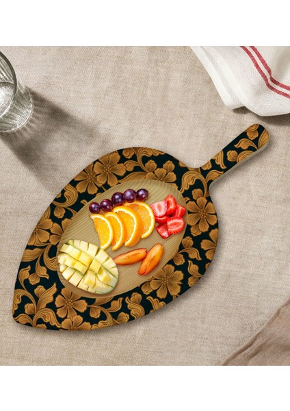 Gift Retro Motif Tasarımlı Yaprak Şeklinde Doğal Ahşap Servis ve Sunum Tabağı Model 17