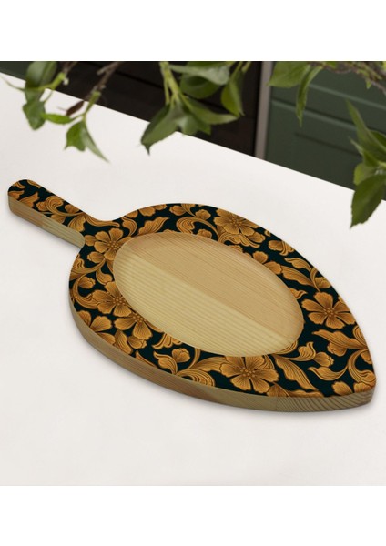 Gift Retro Motif Tasarımlı Yaprak Şeklinde Doğal Ahşap Servis ve Sunum Tabağı Model 17