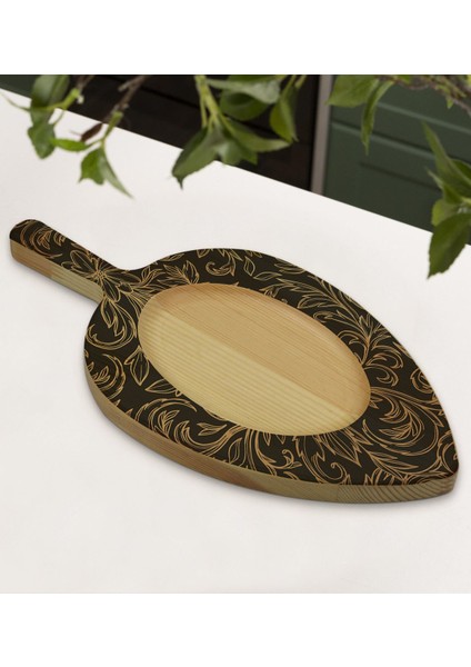 Gift Retro Motif Tasarımlı Yaprak Şeklinde Doğal Ahşap Servis ve Sunum Tabağı Model 18