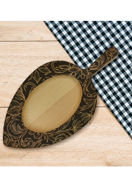 Gift Retro Motif Tasarımlı Yaprak Şeklinde Doğal Ahşap Servis ve Sunum Tabağı Model 18