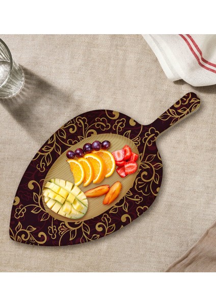 Gift Retro Motif Tasarımlı Yaprak Şeklinde Doğal Ahşap Servis ve Sunum Tabağı Model 13