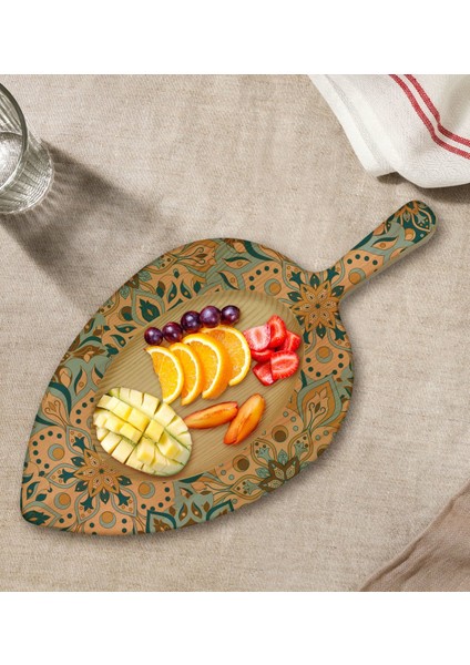 Gift Retro Motif Tasarımlı Yaprak Şeklinde Doğal Ahşap Servis ve Sunum Tabağı Model 11