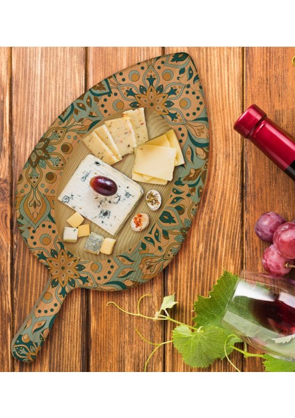 Gift Retro Motif Tasarımlı Yaprak Şeklinde Doğal Ahşap Servis ve Sunum Tabağı Model 11