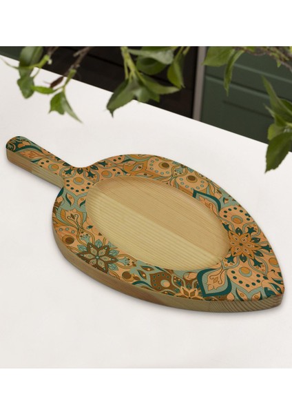 Gift Retro Motif Tasarımlı Yaprak Şeklinde Doğal Ahşap Servis ve Sunum Tabağı Model 11