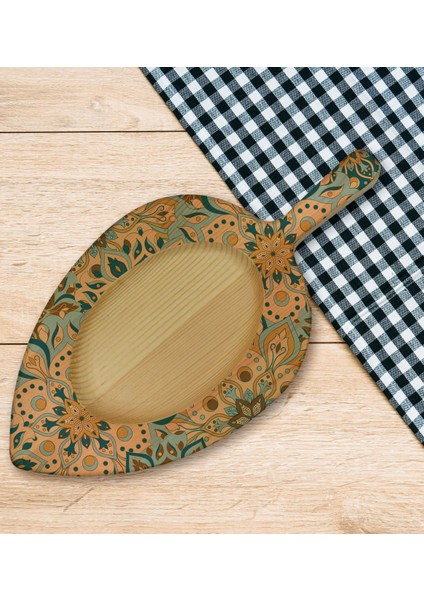 Gift Retro Motif Tasarımlı Yaprak Şeklinde Doğal Ahşap Servis ve Sunum Tabağı Model 11