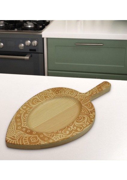 Gift Retro Motif Tasarımlı Yaprak Şeklinde Doğal Ahşap Servis ve Sunum Tabağı Model 9