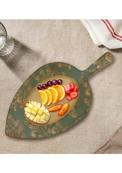 Gift Retro Motif Tasarımlı Yaprak Şeklinde Doğal Ahşap Servis ve Sunum Tabağı Model 5