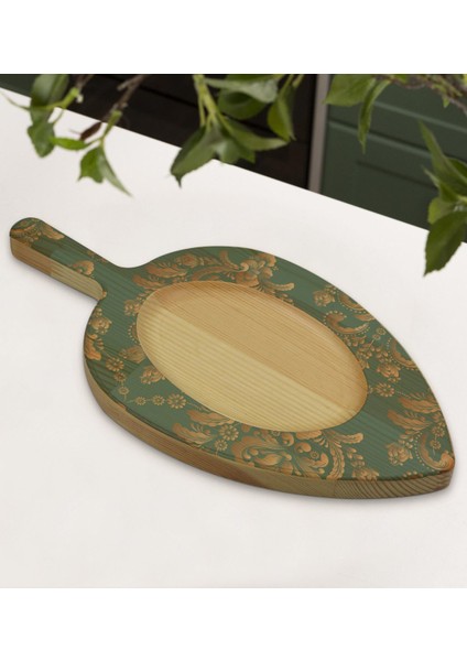 Gift Retro Motif Tasarımlı Yaprak Şeklinde Doğal Ahşap Servis ve Sunum Tabağı Model 5