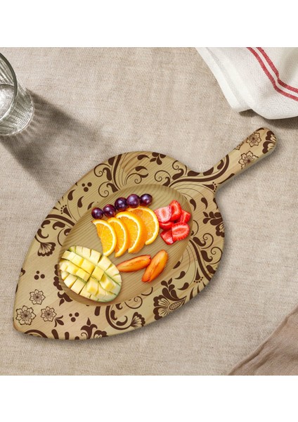 Gift Retro Motif Tasarımlı Yaprak Şeklinde Doğal Ahşap Servis ve Sunum Tabağı Model 3