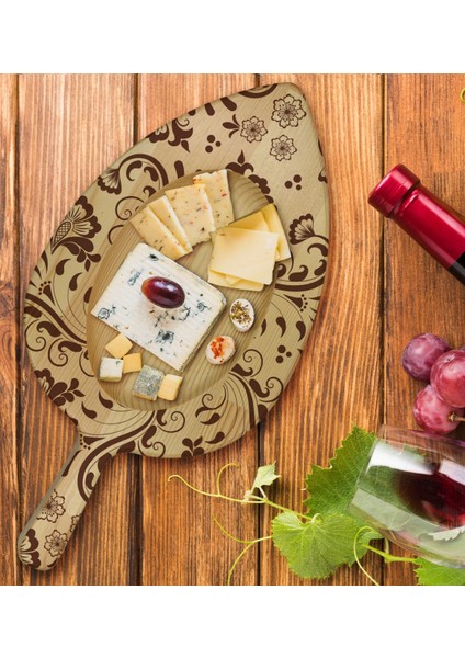 Gift Retro Motif Tasarımlı Yaprak Şeklinde Doğal Ahşap Servis ve Sunum Tabağı Model 3