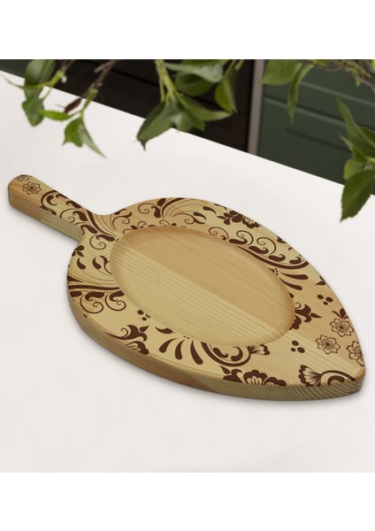 Gift Retro Motif Tasarımlı Yaprak Şeklinde Doğal Ahşap Servis ve Sunum Tabağı Model 3