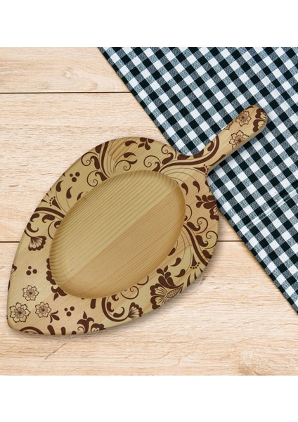 Gift Retro Motif Tasarımlı Yaprak Şeklinde Doğal Ahşap Servis ve Sunum Tabağı Model 3