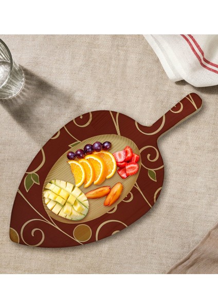 Gift Retro Motif Tasarımlı Yaprak Şeklinde Doğal Ahşap Servis ve Sunum Tabağı Model 1