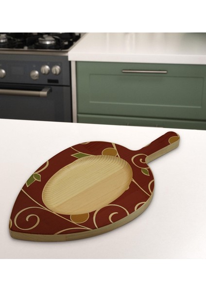 Gift Retro Motif Tasarımlı Yaprak Şeklinde Doğal Ahşap Servis ve Sunum Tabağı Model 1
