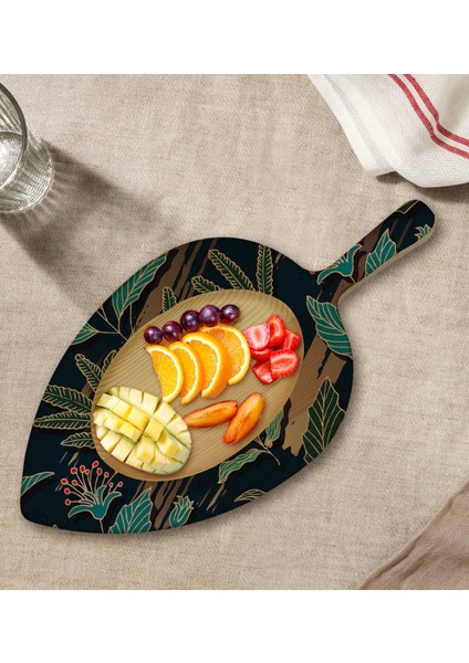 Gift Çiçekler Tasarımlı Yaprak Şeklinde Doğal Ahşap Servis ve Sunum Tabağı Model 2