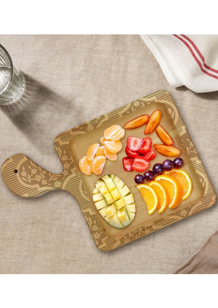 Gift Retro Motif Tasarımlı Kare Şeklinde Doğal Ahşap Servis ve Sunum Tabağı Model 14