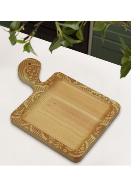 Gift Retro Motif Tasarımlı Kare Şeklinde Doğal Ahşap Servis ve Sunum Tabağı Model 14