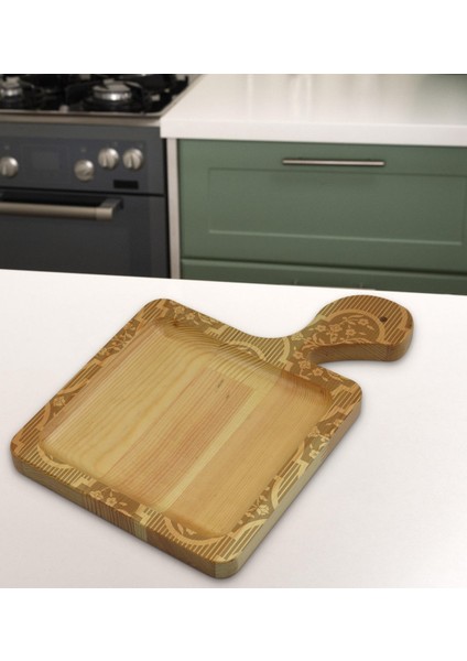 Gift Retro Motif Tasarımlı Kare Şeklinde Doğal Ahşap Servis ve Sunum Tabağı Model 14